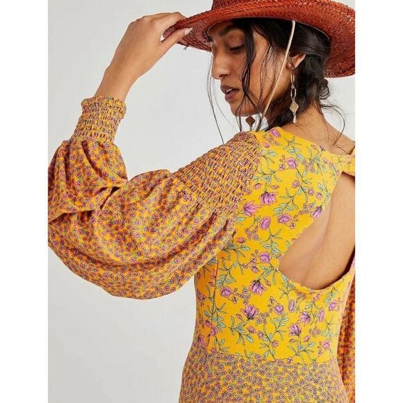 NWT FREE PEOPLE LOVE STORY MAXI DRESS MIXED FLORAL PRINT LONG SLEEVE GOLD - Picture 4 of 4